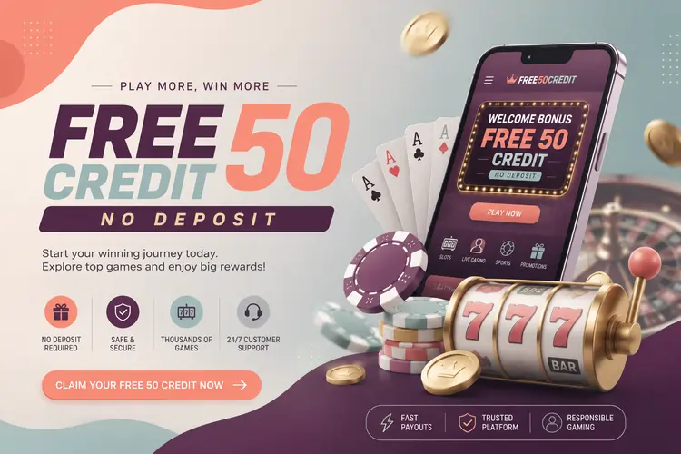 Free50Credit — Free 50 Credit, No Deposit. Welcome bonus shown on a phone screen with playing cards, casino chips and a slot machine reading 777